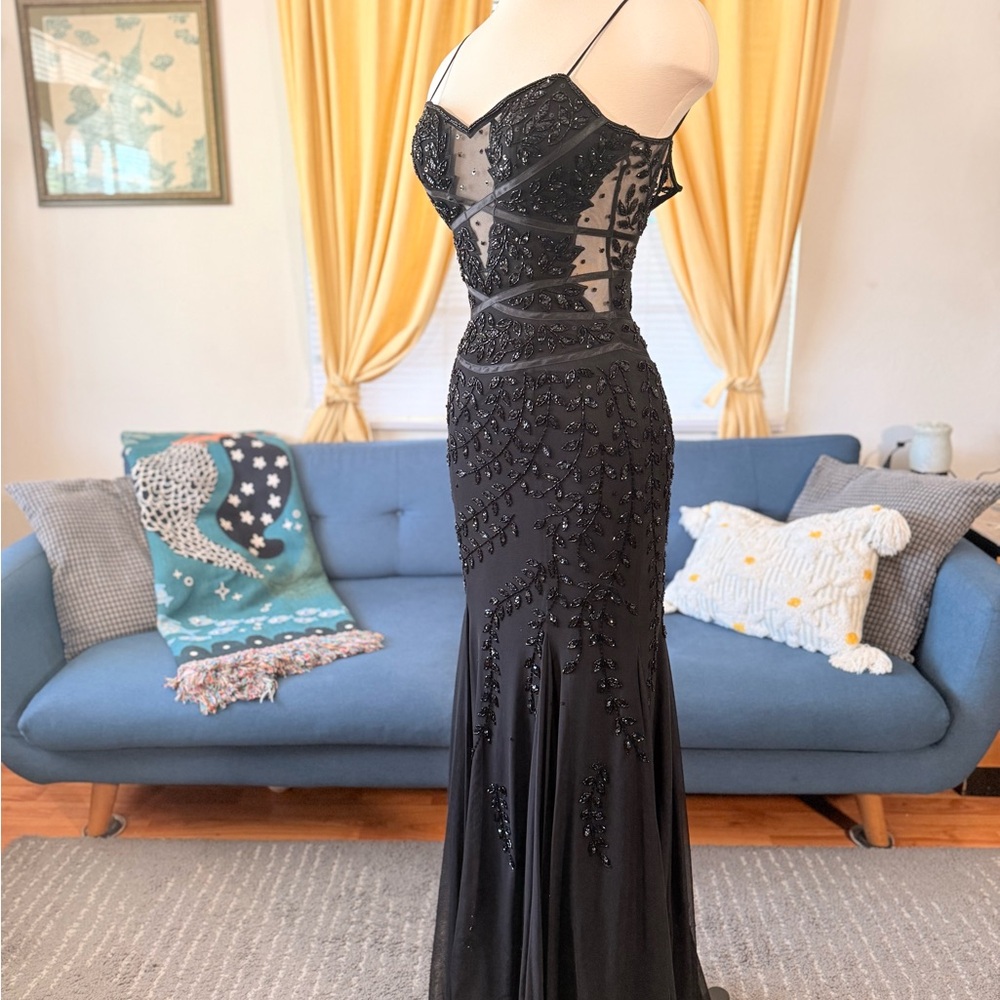 Cache Black Beaded See-Through Evening Dress